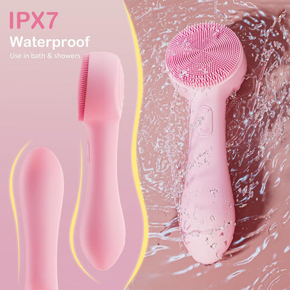 Facial Cleansing Brush Silicone Face Scrubber Waterproof Rechargeable Exfoliator Massage Device for Men & Women, Deep Pore Cleansing, Exfoliating, Removing Blackhead Electric Face Scrub Brush (Pink)