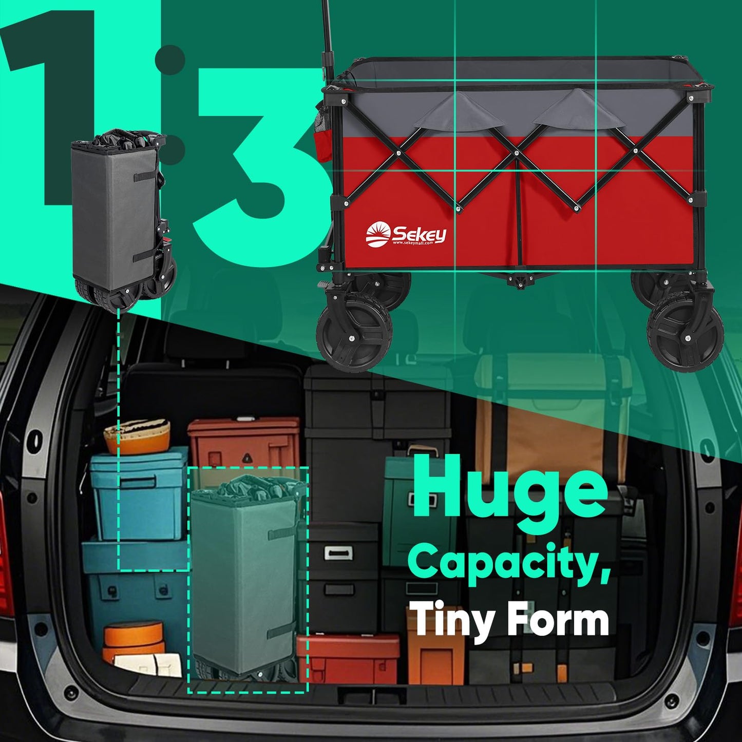 Sekey 220L Wagons Carts Foldable with Big All-Terrian Beach Wheels, Collapsible Heavy DutyWagon with Cup Holders, Extra Large Folding Wagon,Foldable Wagon for Camping, Garden, Sports.Red&Gray