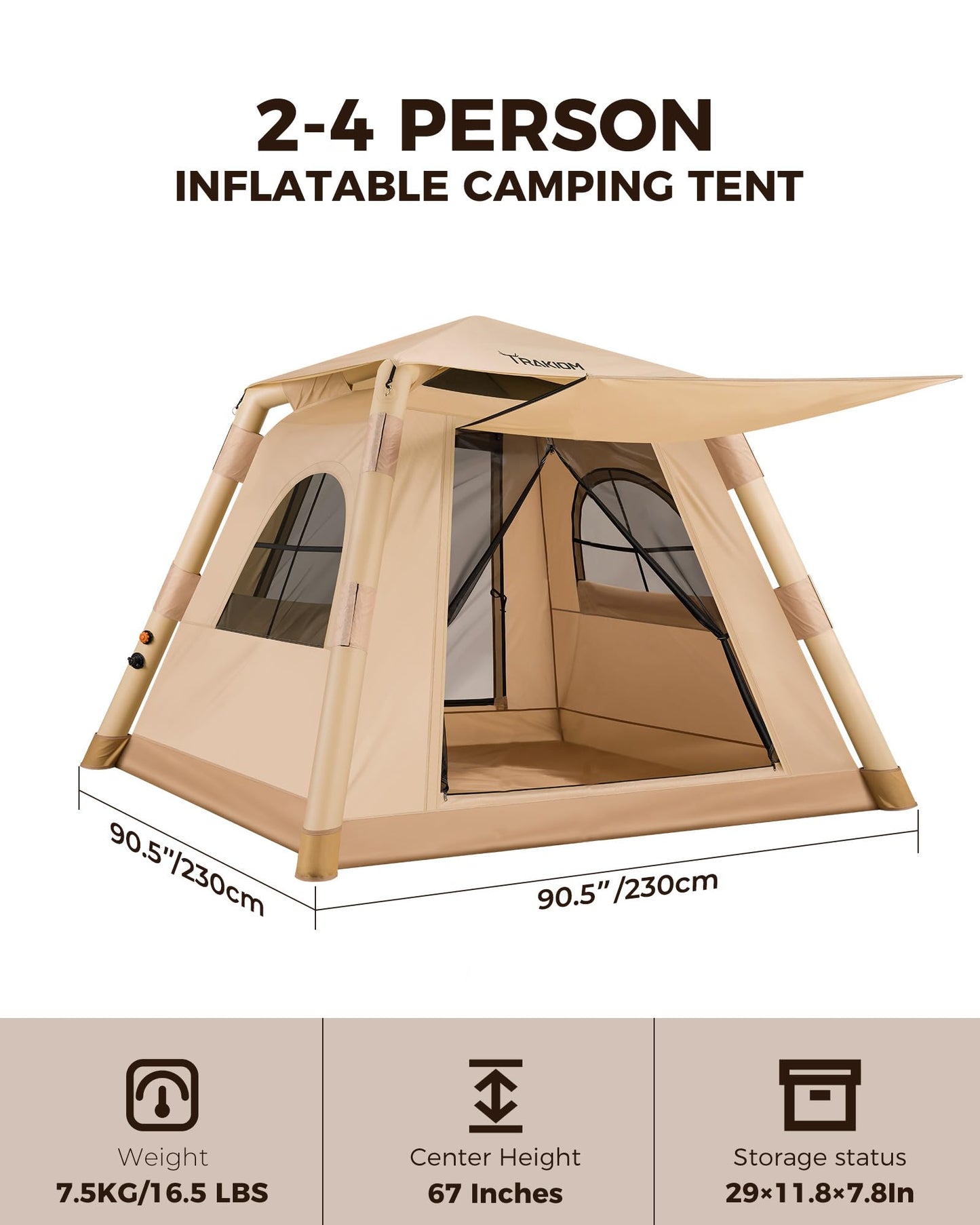 Trakiom Inflatable Tents for Camping 2-4 Person, Easy Set Up Camping Tent with Automatic & Manual Pump, Waterproof Blow Up Tent for Family Outdoor