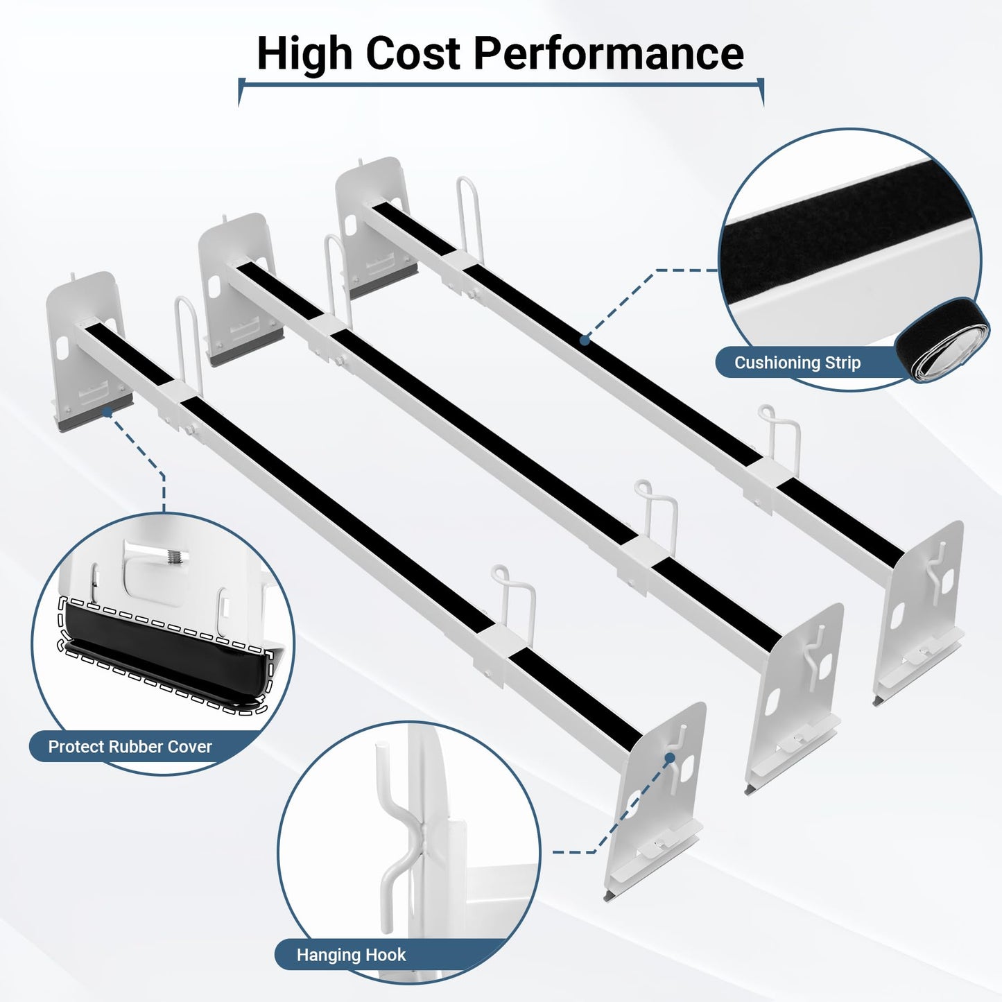 Neorexon Universal Van Roof Rack 3 Bar Set, Adjustable Length 41.5''- 70'', Van Roof Ladder Rack Fit for Chevy Express 1500 2500 3500 Ford Econoline GMC Savana Cargo Vans with Rain Gutter, White