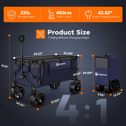 Originsure 220L Collapsible Wagon Cart Foldable, 460lbs Load Capacity Heavy Duty Folding Beach Wagons with Big All-Terrain Wheels, Utility Carts for Groceries, Camping, Sports - Grey&Purple