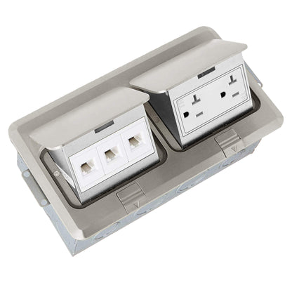 ENERLITES 662301-S-D Floor Box Electrical Kit 2 Gang 20A Tamper / Weather Resistant Duplex Receptacle, Datacom Ports - Nickel Plated Brass, Steel