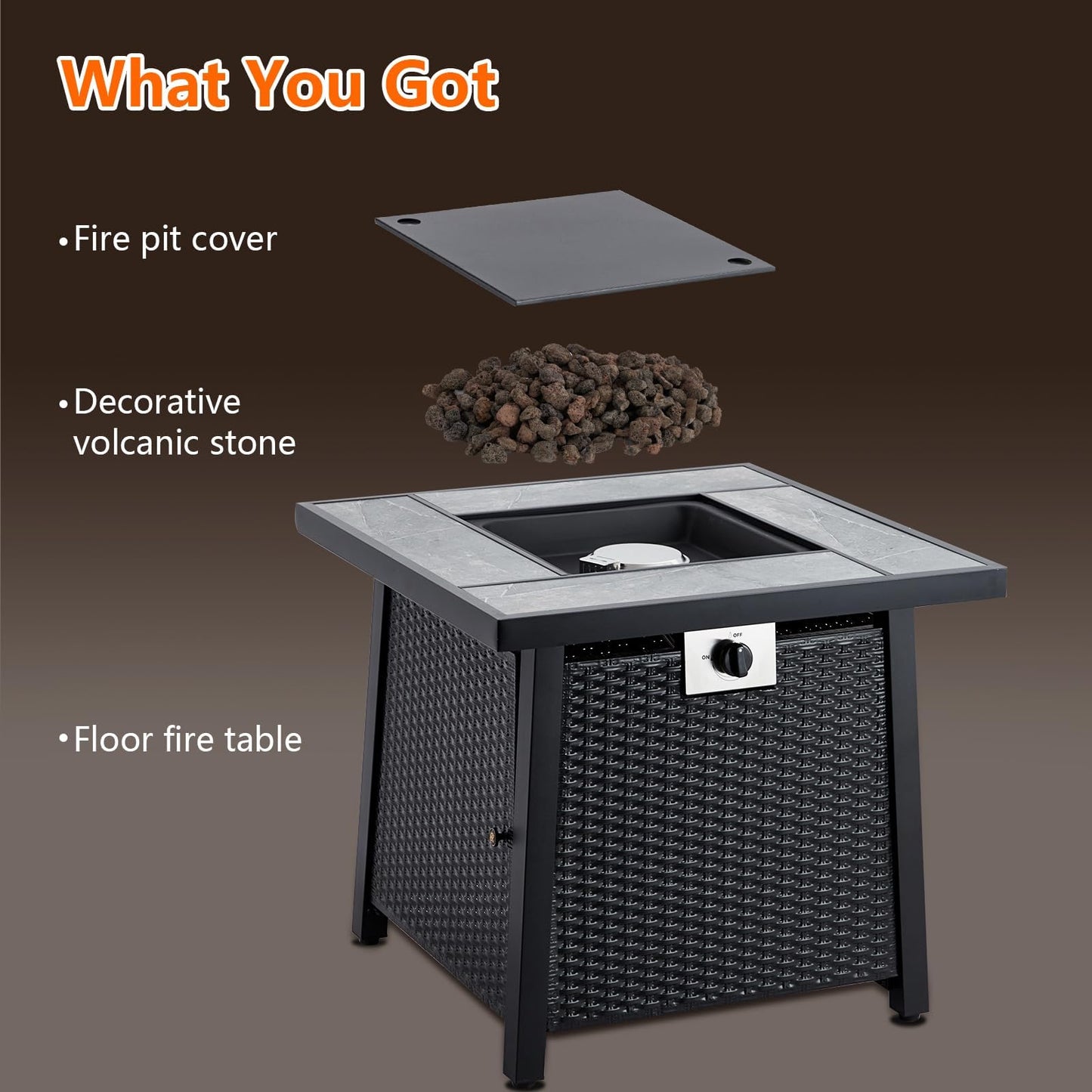 28 Inch Gas Fire Pit Outdoor Firepit Table, 50000BTU Rectangle Propane Fire Table with Lid & Lava Rock for Outside Garden Backyard Deck Patio, CSA Safety Certified