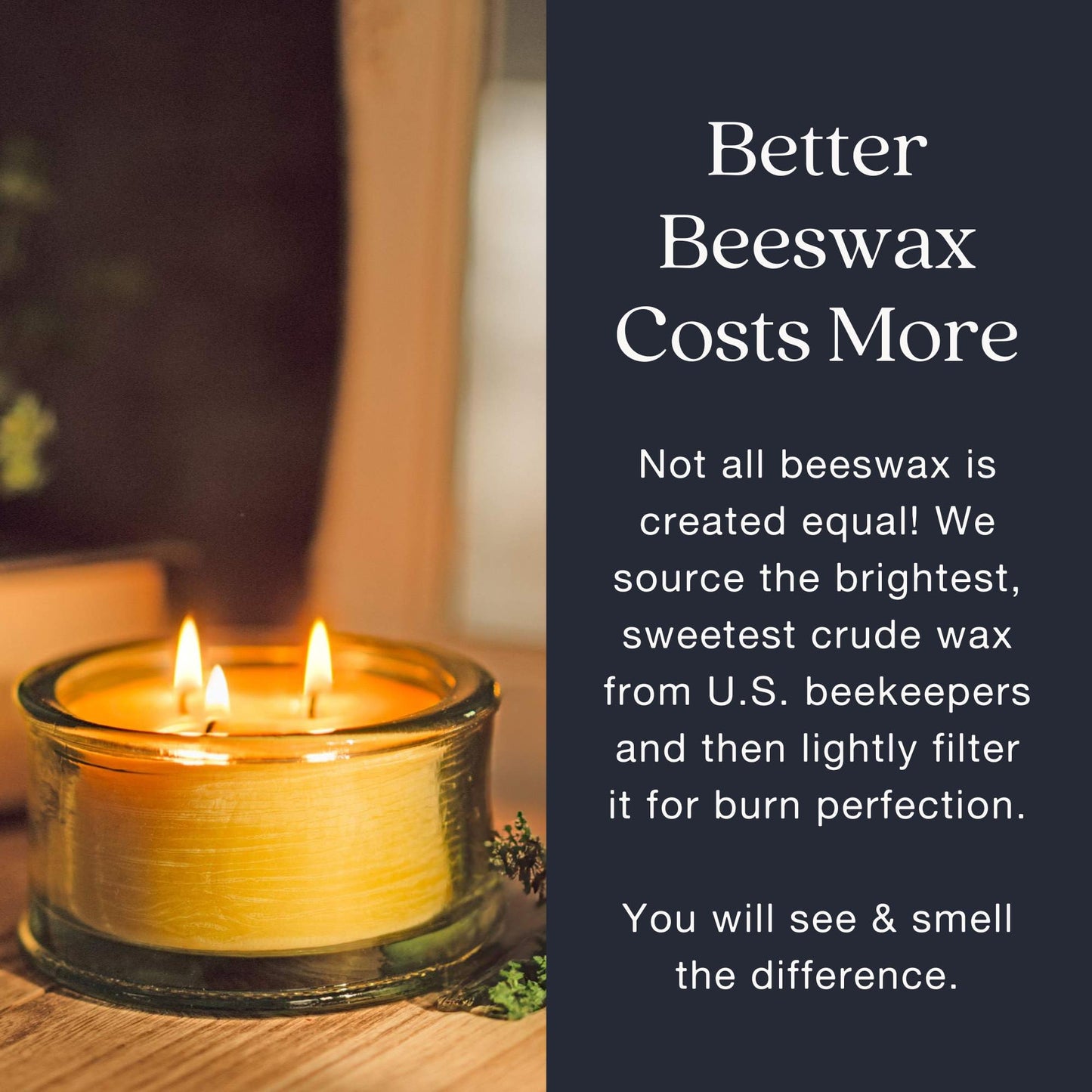 Bluecorn Beeswax 3-Wick Candle – Raw Unscented, 100% Pure Beeswax – 10oz Hand-Blown Recycled Spanish Glass – Non Toxic, Clean Burning, Refillable Glass Jar