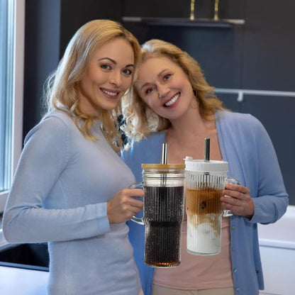 Birity 24oz Ribbed Glass Cup Set - Reusable Tumblers with Lids & Straws | Perfect for Iced Coffee, Juice & Tea