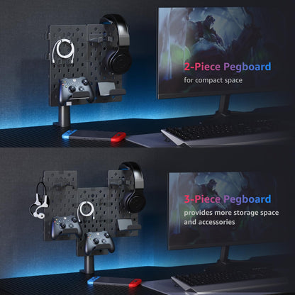 PEGZONE Headphone and Controller Holder, Rotating Gaming Accessories Organizer for Xbox PS5 PS4 Nintendo Switch, Modular Desk Controller Stand with Cable Hooks, 2Pcs Pegboard, Black