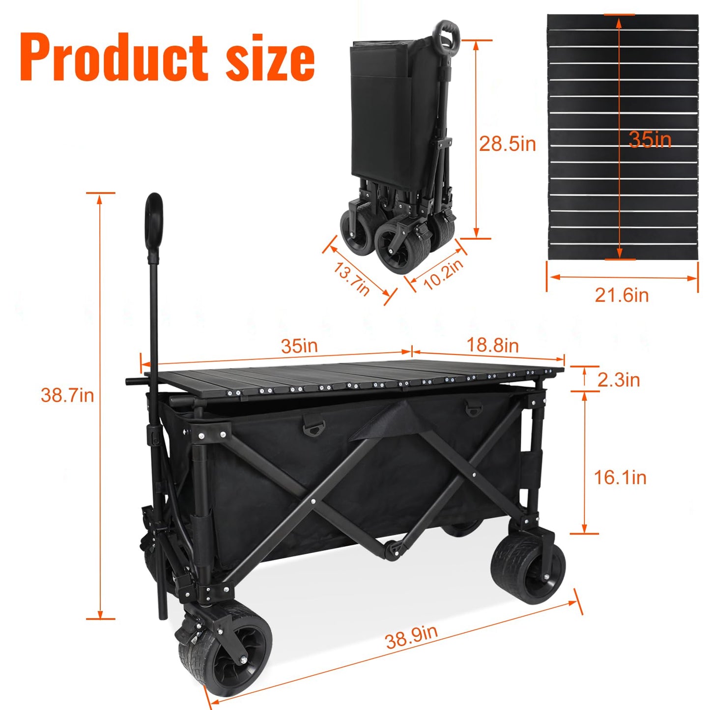 Heavy Duty Collapsible Folding Wagon with Table, 440LBS Capacity Utility Wagon Cart with All-Terrain Wheels, Foldable Beach Camping Wagon for Garden, Sports, Picnics Black