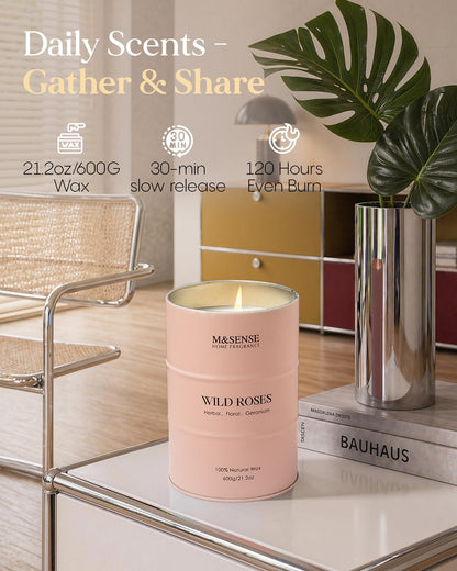 M&SENSE Wild Rose Large Natural Scented Candle, 120 Hours Long Lasting Soy Candles 21.2oz, Stress Relief Luxury Aromatherapy Candles for Women, Romantic Candle Valentines Day Gifts
