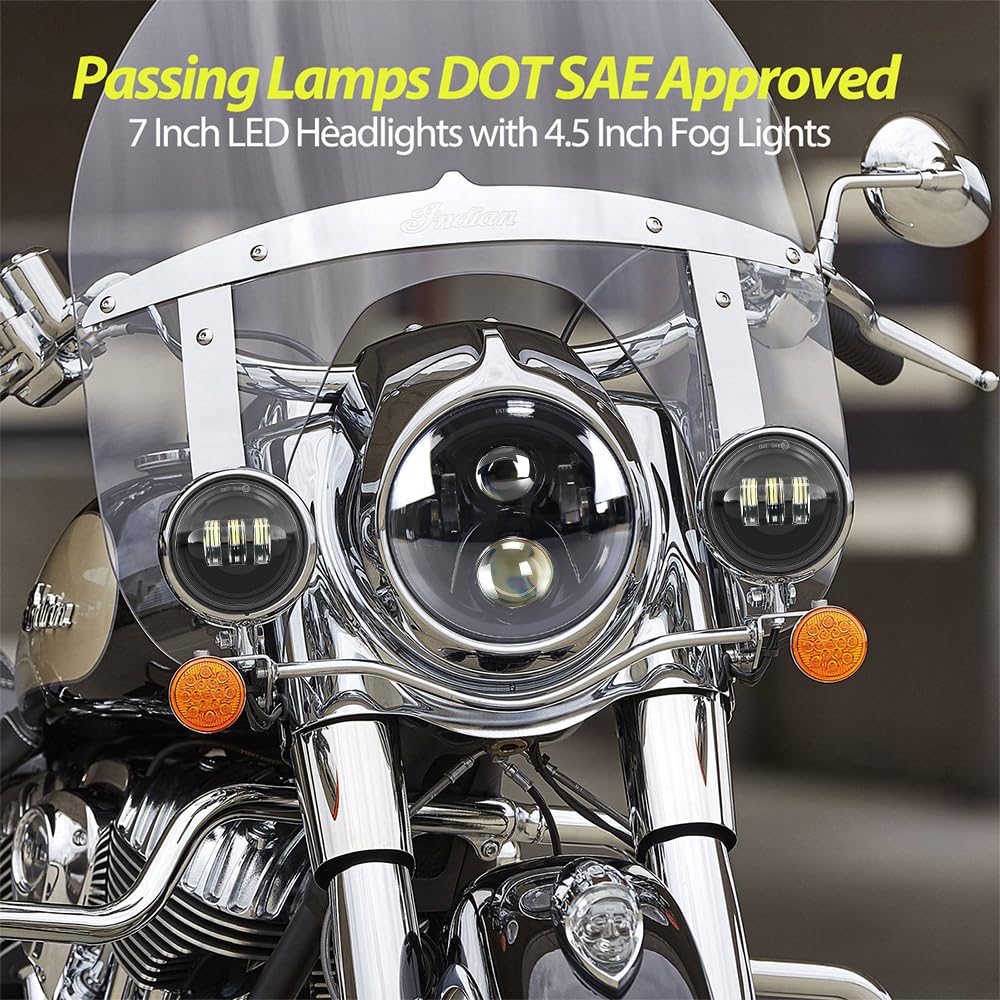 7 inch Motorcycle LED Headlight 4.5" Fog Passing Lights DOT Kit for Harley Davidson Road King Fat Boy Street Electra Glide Ultra CVO Tri Heritage Softail Deluxe Classic Switchback Headlights Black
