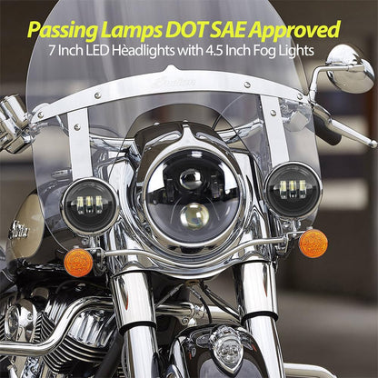 7 inch Motorcycle LED Headlight 4.5" Fog Passing Lights DOT Kit for Harley Davidson Road King Fat Boy Street Electra Glide Ultra CVO Tri Heritage Softail Deluxe Classic Switchback Headlights Black