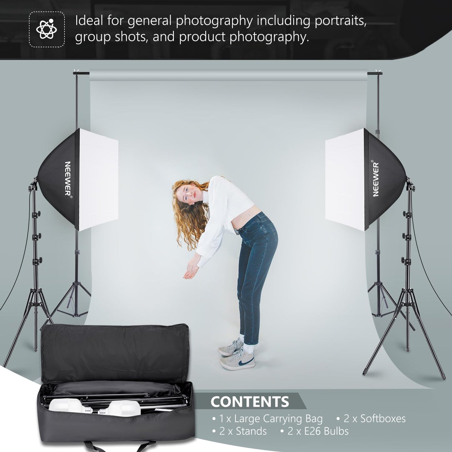NEEWER 700W Equivalent Softbox Lighting Kit, 2Pack UL Certified 5700K LED Lighting Bulbs, 24x24 inches Softboxes with E26 Socket, Photography Continuous Lighting Kit Photo Studio Equipment