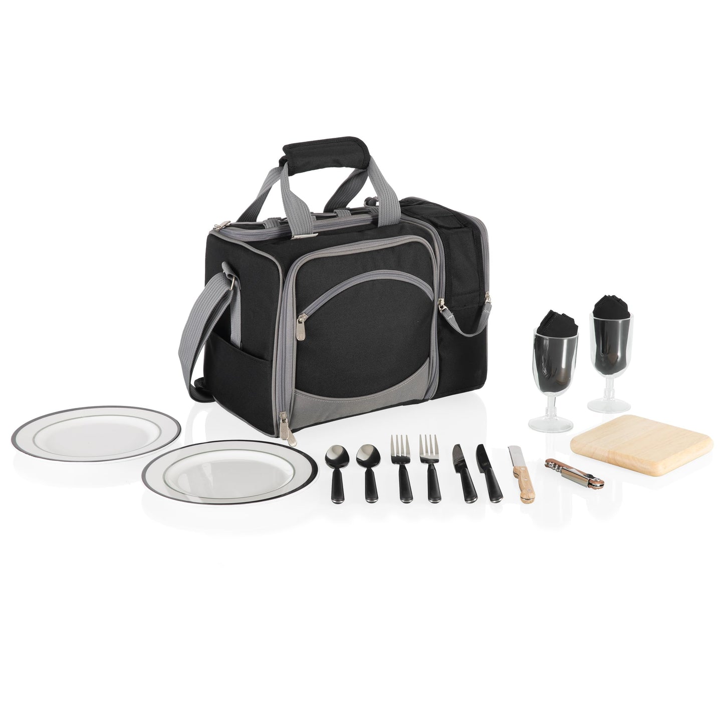 PICNIC TIME Malibu Picnic Basket Cooler, Full Service Lunch Bag for 2, Easy Carry Modern Cooler Bag, Water-Resistant Insulated Lunchbag with Shoulder Strap, (Heathered Gray with Black Accents)
