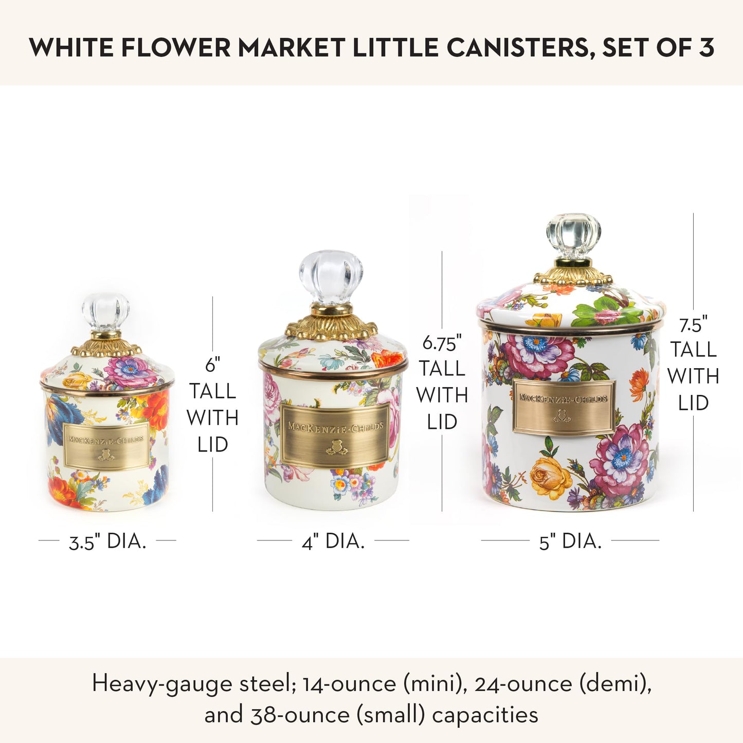 MACKENZIE-CHILDS Enamel Canister Set, Mini (14 oz.), Demi (24 oz.), and Small (38 oz.) Kitchen Containers, White Flower Market
