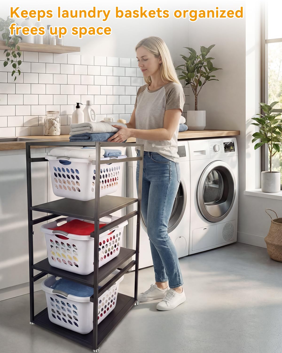 Laundry Basket Holder Shelf, 3-Tier Metal Laundry Basket Organizer with Wheels, Rolling Laundry Storage Rack for Bathroom, Bedroom & Laundry Room