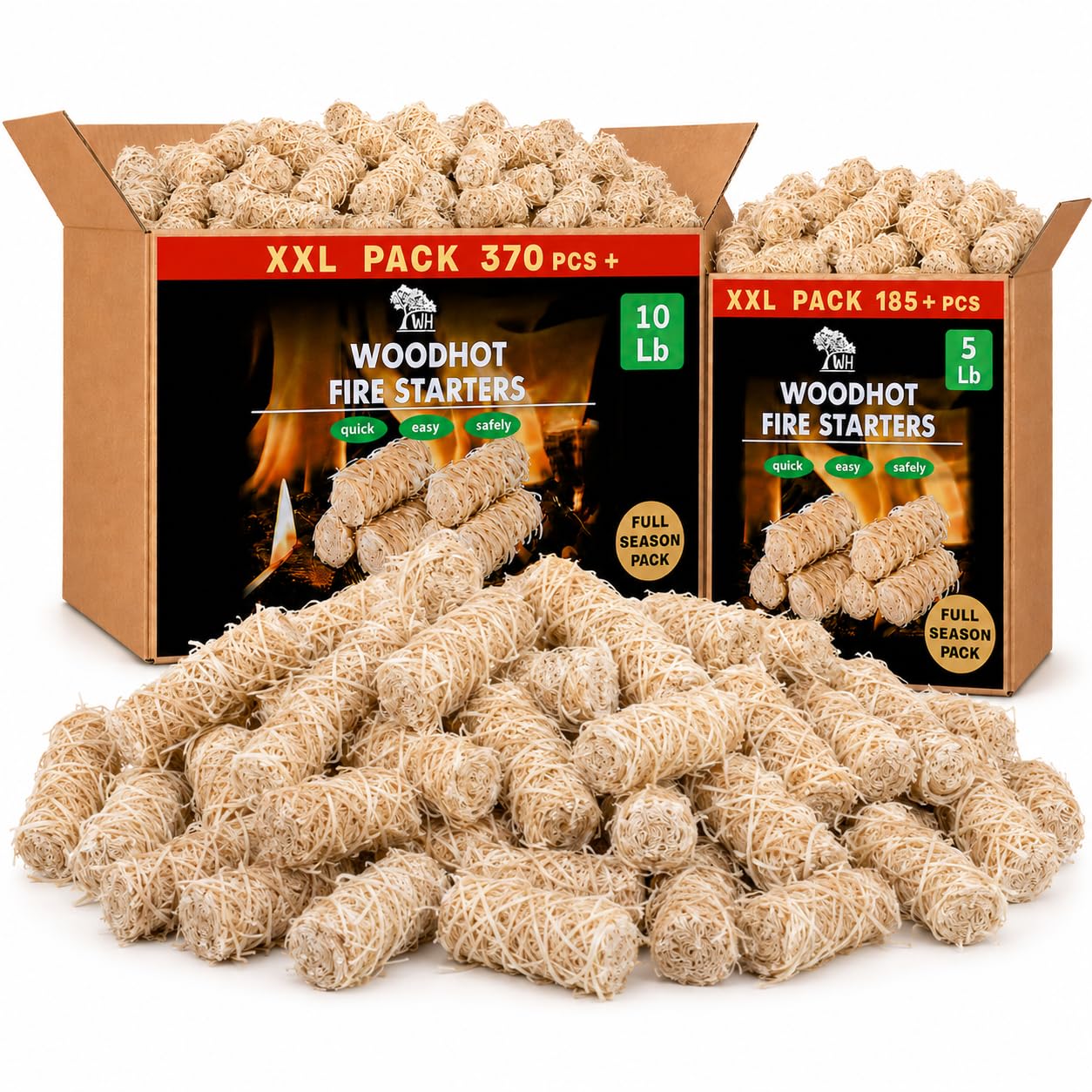 WH Natural Fire Starters 5 lb and 10 lb Bundle, 15 lb Total, 555 Pcs, Long Burning Odorless Charcoal Starters for Campfires, Grill, BBQ, Fire Pit, Fireplace, Wood Stove, Pizza Oven, Quick Ignite