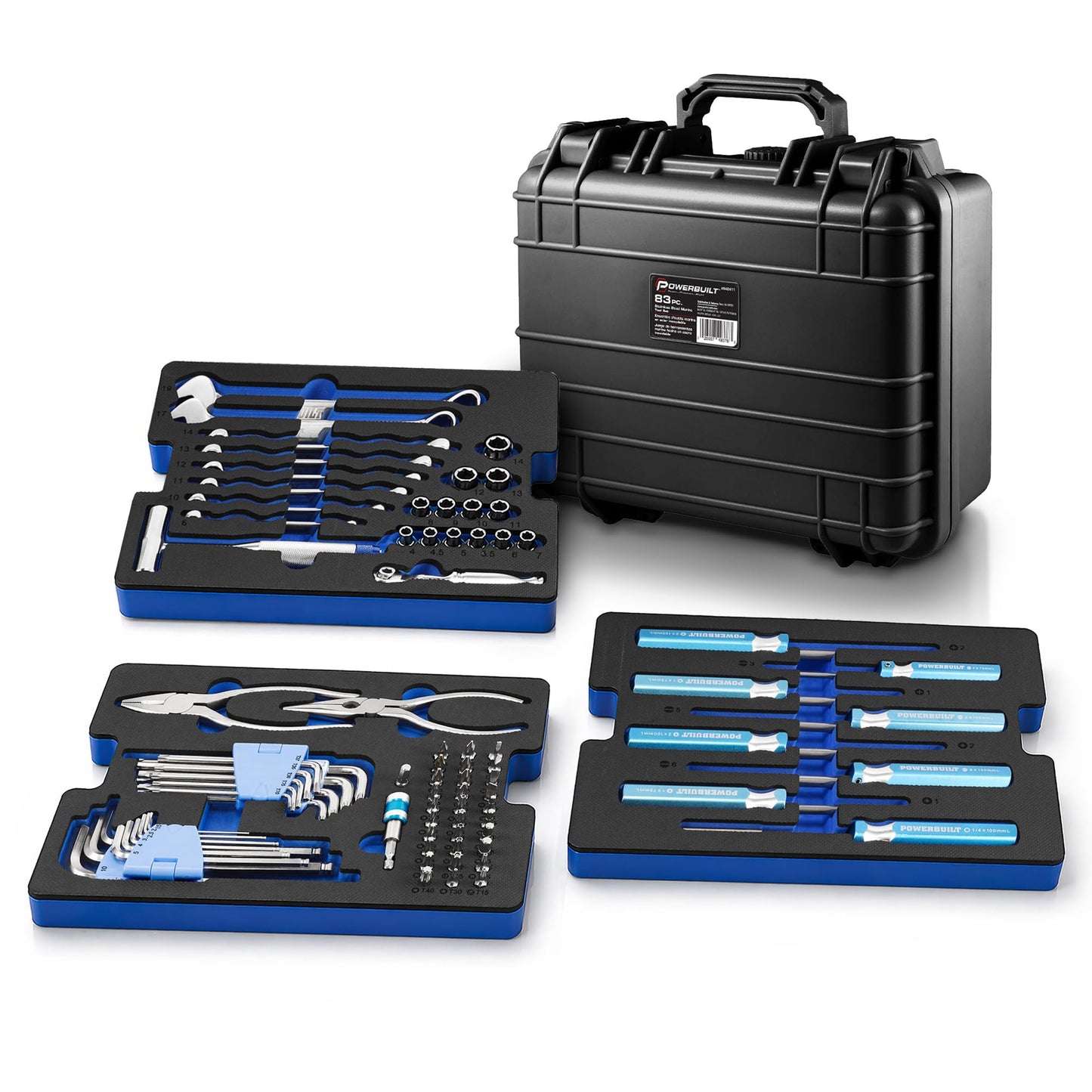 Powerbuilt 83 Pc. 420J2 Stainless Steel Marine Boat Repair Tool Set, Drivers, Pliers, Wrenches, Mallet, Bit Driver/Bits, Sockets, Watertight Shock Resistant Case with Lift-Out Foam Tool Trays - 642411