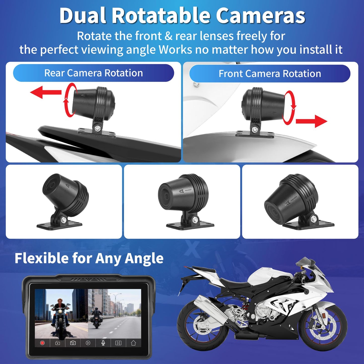 Motorcycle CarPlay Screen 7", Waterproof GPS Display for Motorbike, Wireless CarPlay & Android Auto para Moto, Dual Bluetooth, Touchscreen, Music Sharing Siri (7" Wireless CarPlay) (Dual Camera)