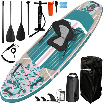 Marsdorgan 11ft Inflatable Stand Up Paddle Board with Kayak Seat, Wood Grain Lightweight SUP, 430lbs Capacity for Water Sports Fishing Surfing, 2-3 Person Family, w/Backpack & 10L Dry Bag, Grey
