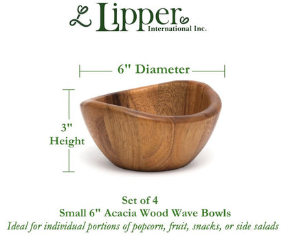 Lipper International Acacia Wave Serving Bowl for Fruits or Salads, Small, 6" Diameter x 3" Height, Set of 4 Bowls