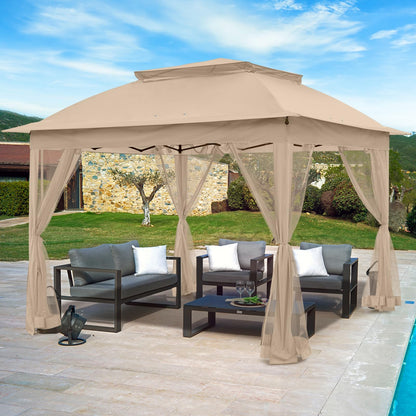 INTER HUT 11x11 Pop Up Gazebo Tent with Mesh Netting, Instant Outdoor Canopy with UPF 50+ UV Protection, Water Resistant, Khaki