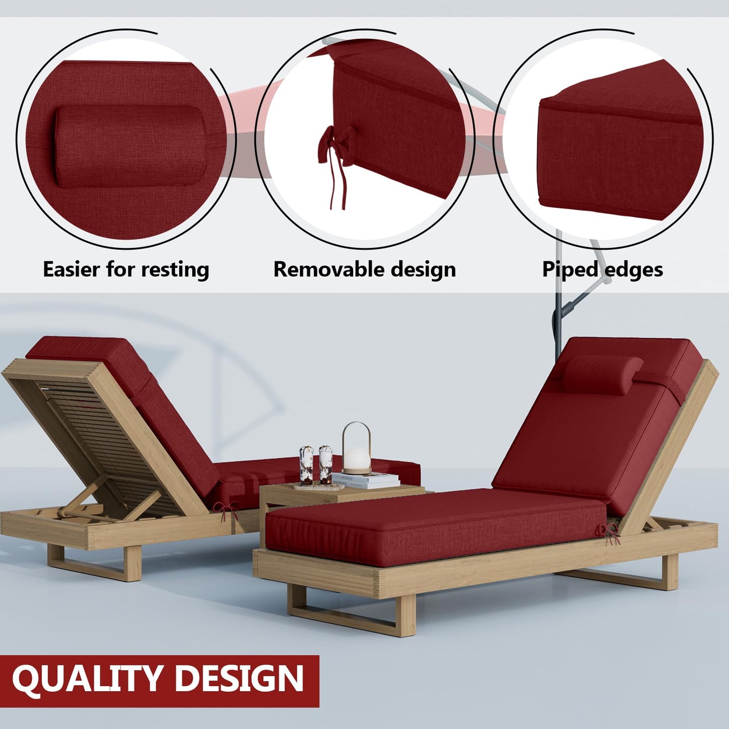 72 x 21 x 4 Inch Olefin Chaise Lounge Cushions, Lounge Chair Cushions with Headrest for Outdoor Furniture - Weather and Fade Resistant Patio Replacement Furniture Lounge Chair Cushion Set of 2