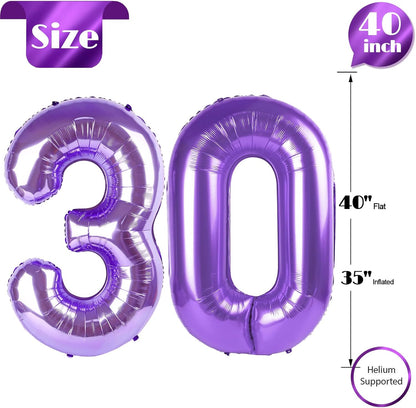 Purple Number 30 Balloon - 40 Inch 30th Birthday Decoration for Girls & Boys Party Supplies