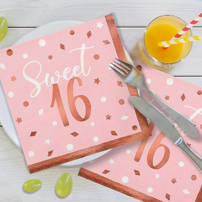 Rose Gold &amp Pink Sweet 16 Birthday Bundle: Party Supplies Set with paper Plates Napkins Cups Tablecloth &amp Banner - Sweet Sixteen Decorations Party Favors Serves 25