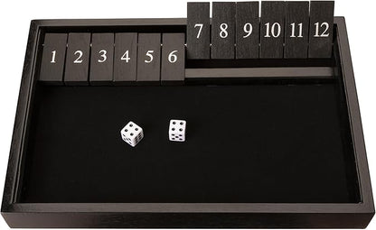 WE Games Wooden Shut The Box - Close The Box Set Pub Game with 12 Number Tiles &amp 2 Dice Games - 13.5” Black Stained Finish for Adults