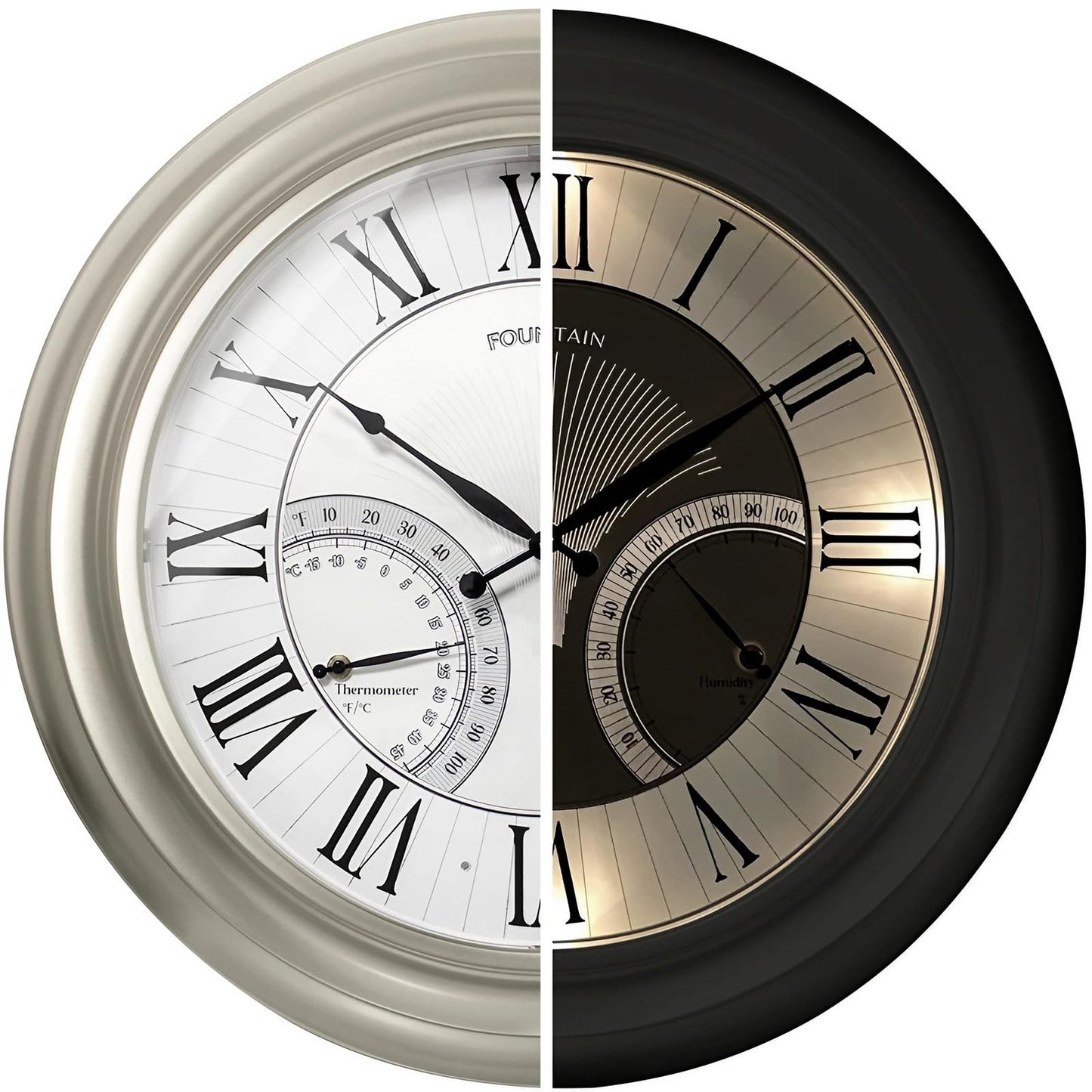 FOUNTAIN DESIGNS 24 Inch Outdoor Clocks Waterproof, Self-Illuminated Large Outdoor Clock with Thermometer and Hygrometer Combo for Patio,Pool and Garden Decor,Roman Numeral,Morning Silver