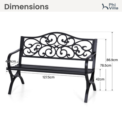 PHI VILLA 50-Inch Cast Iron Steel Frame Garden Bench Outdoor Patio Bench Chair w/Floral Design Backrest, Slatted Seat for Park, Yard & Porch, Black