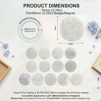 DAWZMR 390 Pcs Holographic Badge Film (13 Styles), Glitter Button Making Supplies for 2.25 Inch 58mm Machine, Round Badge Protective Film (Stars, Hearts, Broken Glass)