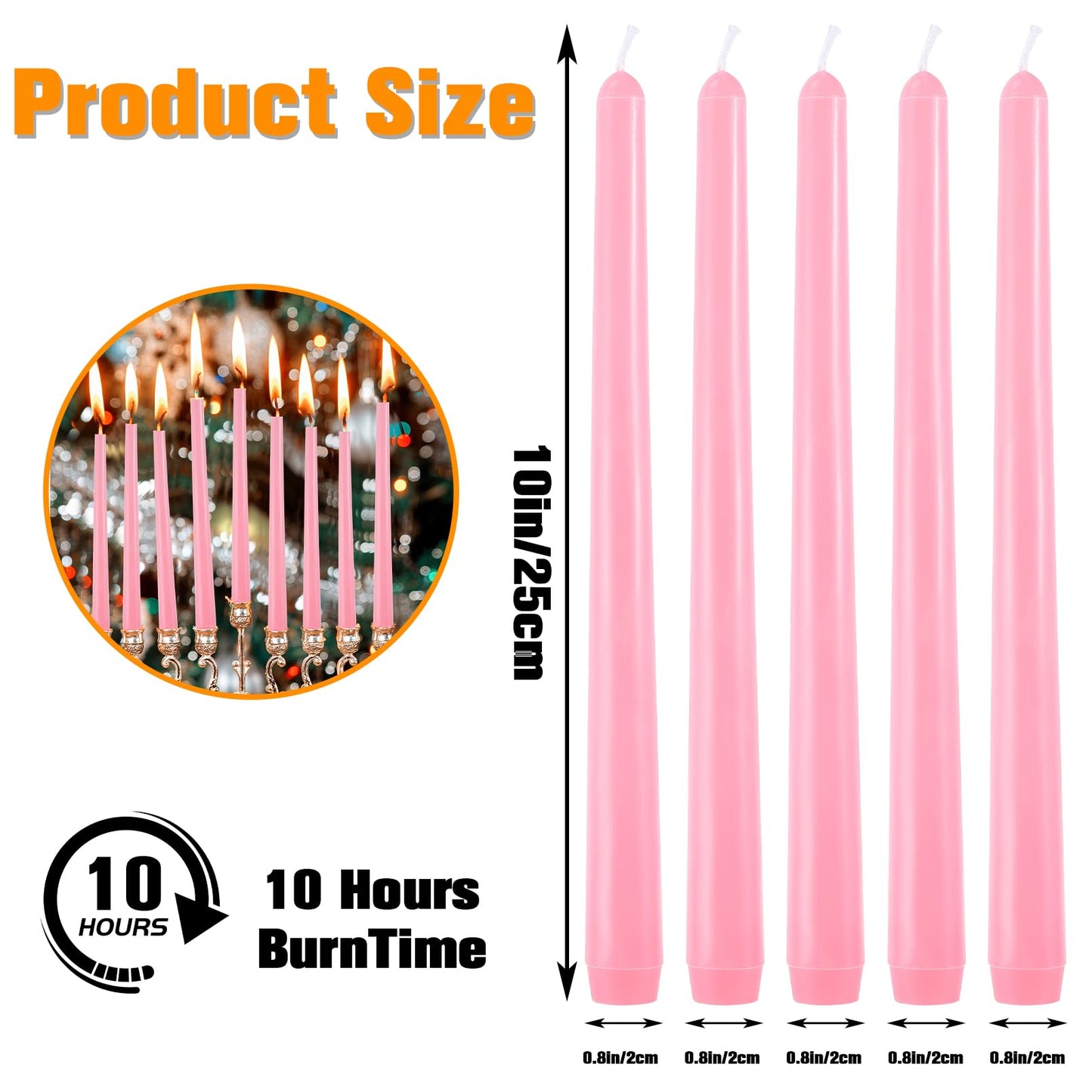 PIEMEET 24 Pack Taper Candles, 10 Inch Pink Tapered Candles, Unscented Tall Candlesticks, Smokeless & Dripless Long Taper Candle Sticks for Wedding Dinner Parties Home Decor(10 Hours Burn Time)