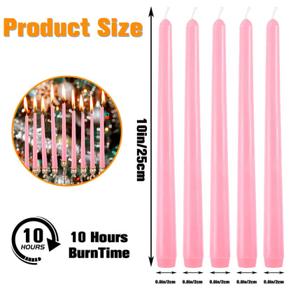PIEMEET 24 Pack Taper Candles, 10 Inch Pink Tapered Candles, Unscented Tall Candlesticks, Smokeless & Dripless Long Taper Candle Sticks for Wedding Dinner Parties Home Decor(10 Hours Burn Time)