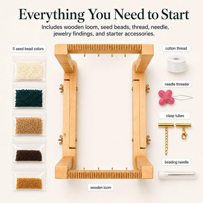 TMEGMIC Adjustable Wood Bead Loom Kit - Professional Wooden Weaving Frame for Jewelry Making - Sturdy Tool for Beginners, Seed Beads, Bracelets & DIY Crafts (Natural Wood-Vintage Green Bracelet)