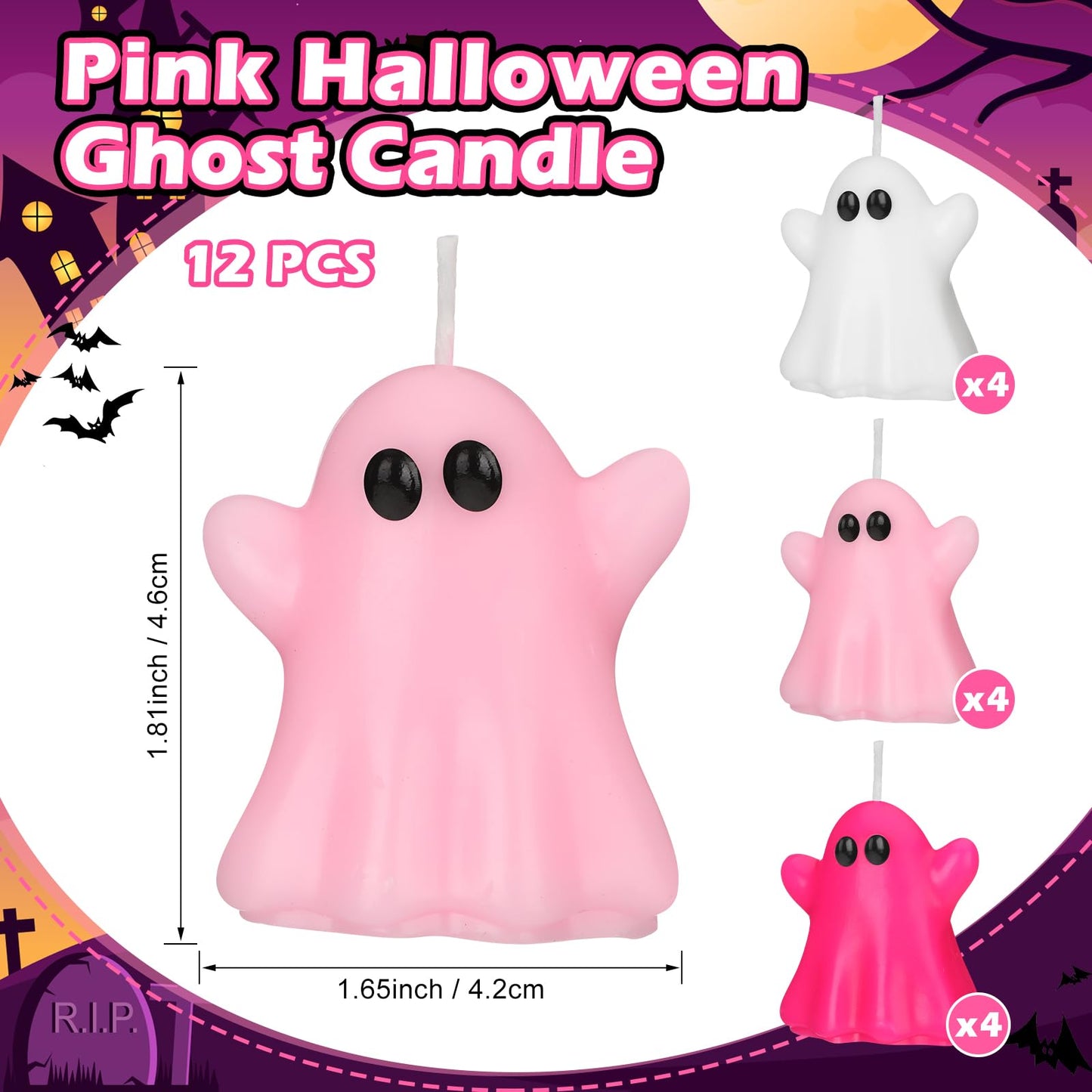 DoubleFill 12 Pcs Pink Halloween Ghost Candles Cute Burning Unscented Wax Candles Hot Pink Ghost Spooky Decor for Halloween Holidays Party Bedroom Table Decorations
