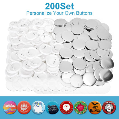 KUNTAERY 200 Sets 2.25 Inch Button Maker Supplies, 58mm Round Badge Parts with Metal Covers, Plastic Pin Backs, Clear Film & Blank Paper, Perfect for Button Maker Machine & Badge Press