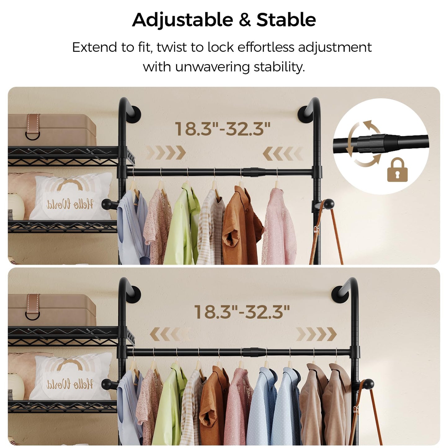 Closet Organizers and Storage, 4-Row Heavy Duty Clothes Rack for Hanging Clothes, Wall Mounted Closet System with 4 Telescopic Rods, 2 Fixed Rods, 5 Hooks, 8 Shelves for Wardrobe, Bedroom, Small Space