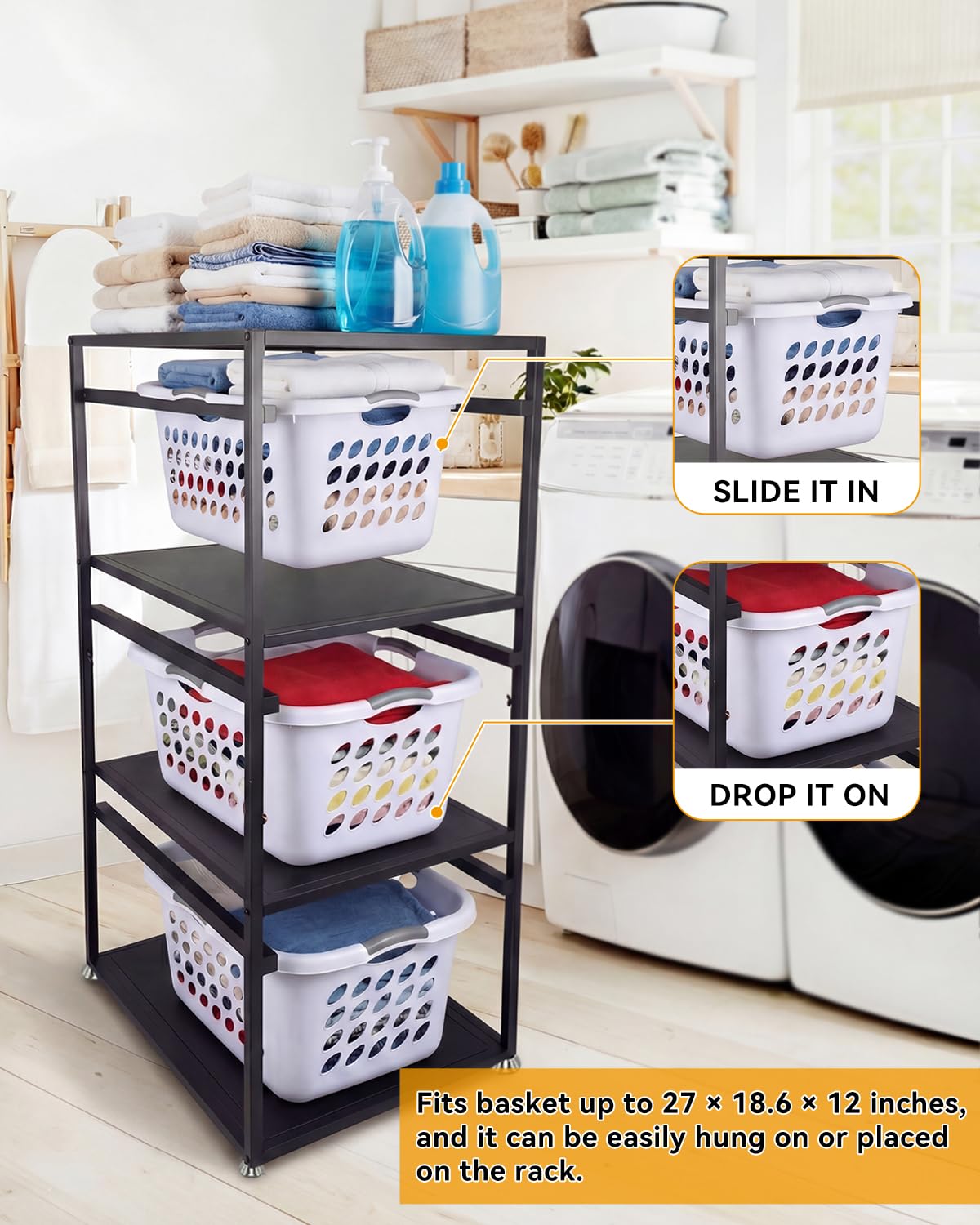 Laundry Basket Holder Shelf, 3-Tier Metal Laundry Basket Organizer with Wheels, Rolling Laundry Storage Rack for Bathroom, Bedroom & Laundry Room