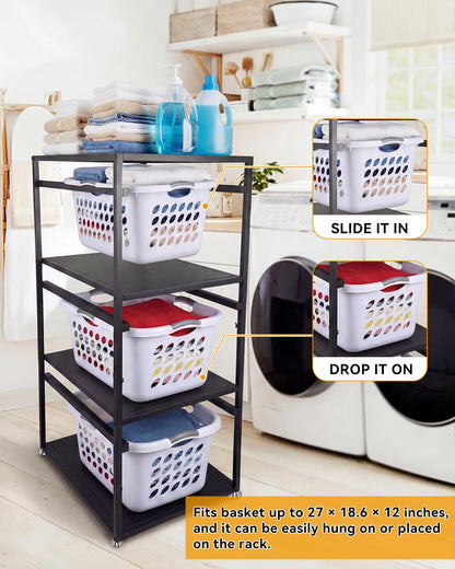 Laundry Basket Holder Shelf, 3-Tier Metal Laundry Basket Organizer with Wheels, Rolling Laundry Storage Rack for Bathroom, Bedroom & Laundry Room