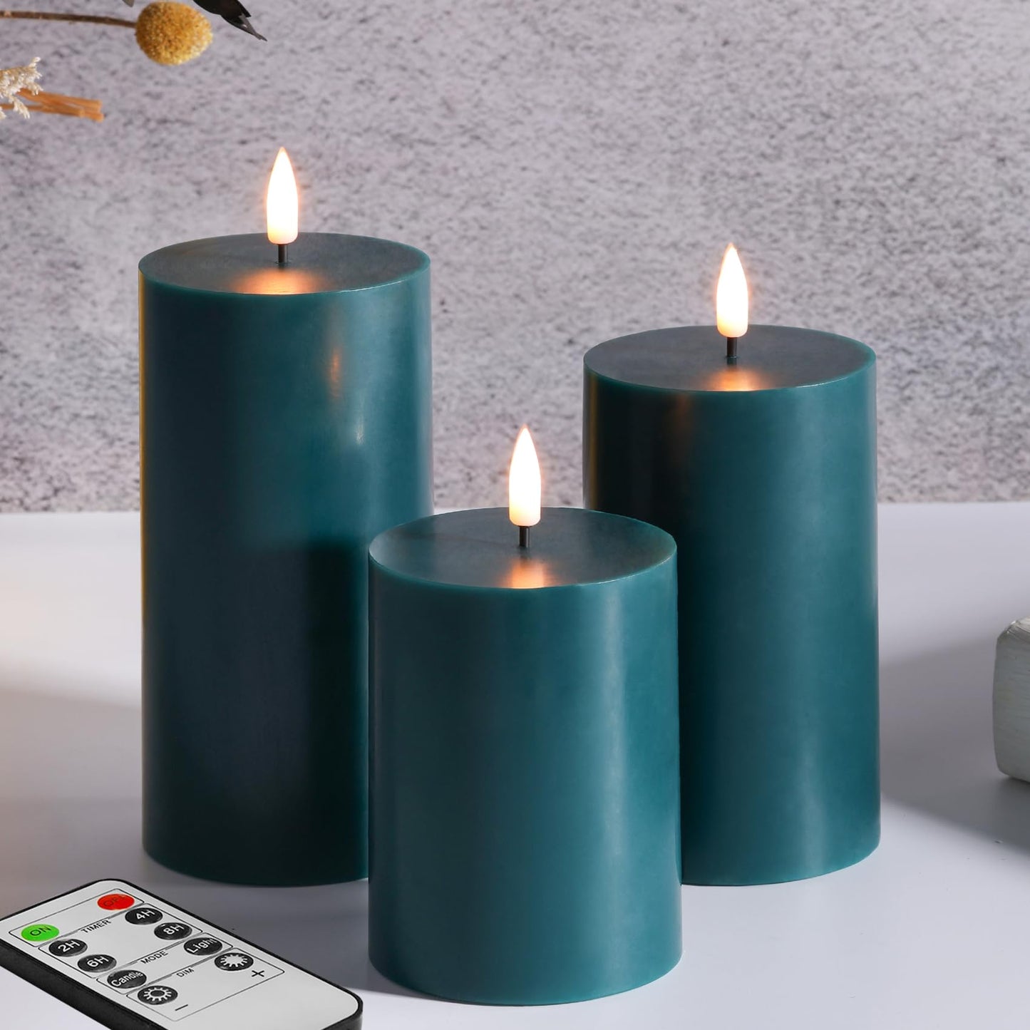 Girimax Green Flameless Pillar Candles with Remote, Flickering Spring LED Wax Candles Battery Operated Set of 3