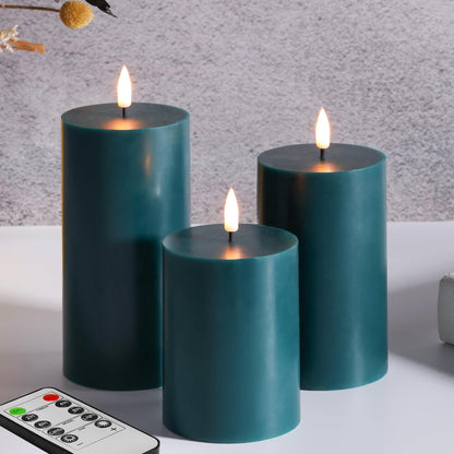 Girimax Green Flameless Pillar Candles with Remote, Flickering Spring LED Wax Candles Battery Operated Set of 3