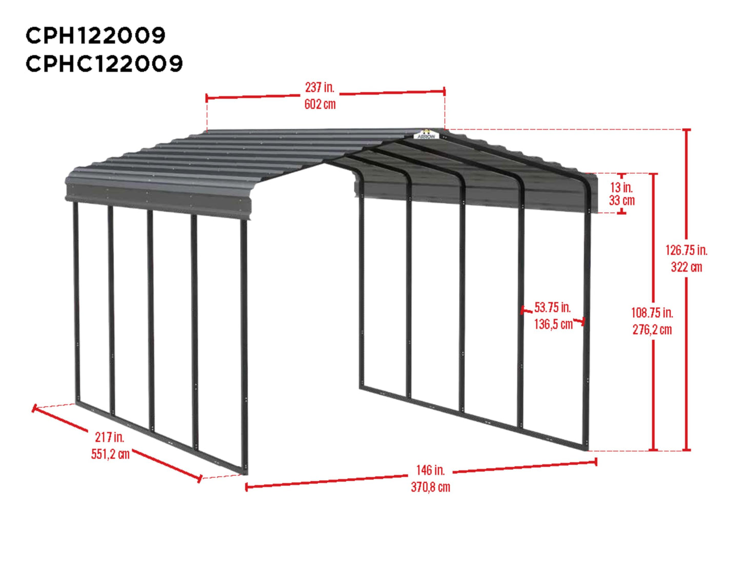 Arrow Carports Galvanized Steel Carport, Full-Size Metal Carport Kit, 12' x 20' x 9', Charcoal