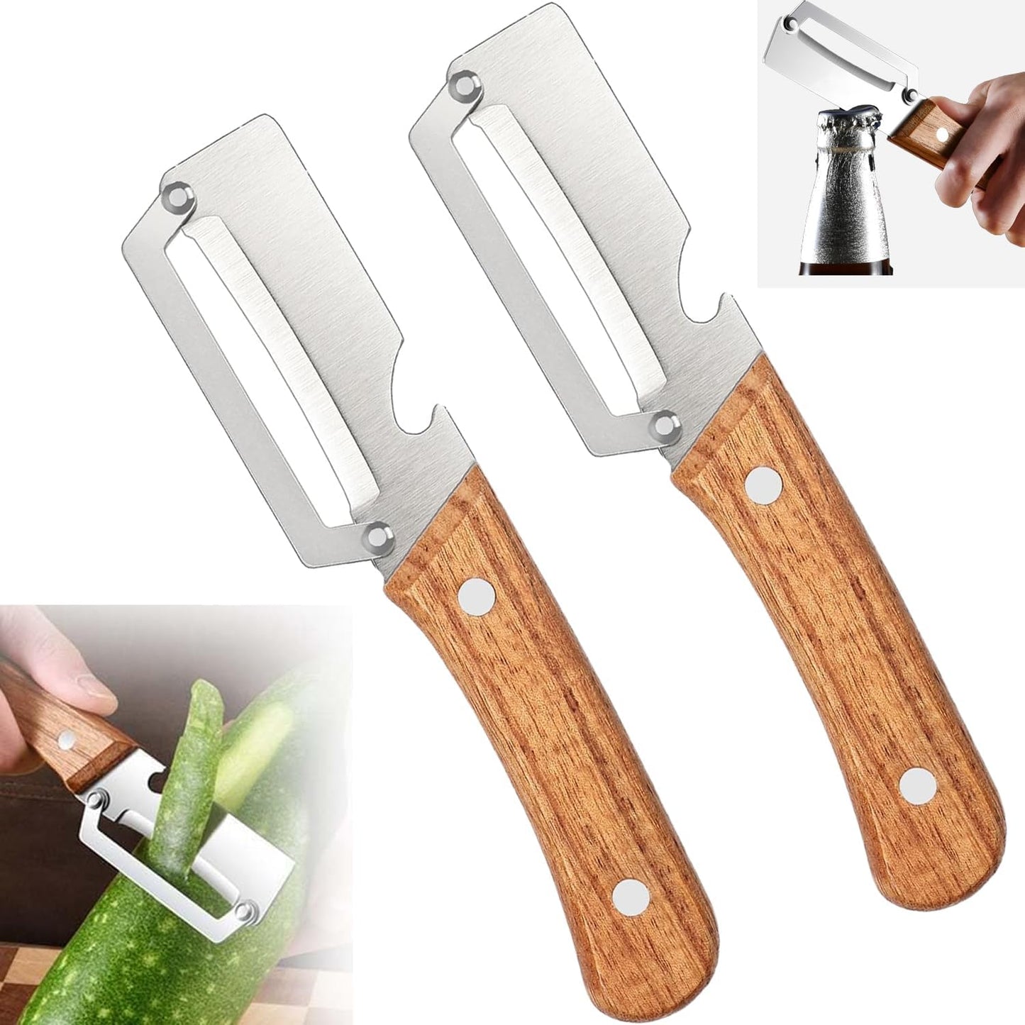 Skiennix Multi-Functional Vegetable Peeler - Stainless Steel Blade & Wooden Handle, 2-Pack
