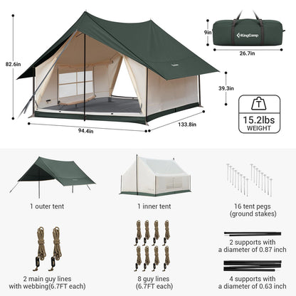 KingCamp 6-8 Person Canvas Tent for Camping Waterproof & Windproof Cabin Tents with Large Mesh Windows, Easy Setup, All Season Wall Tent for Family Camping, Hiking, and Outdoor Events