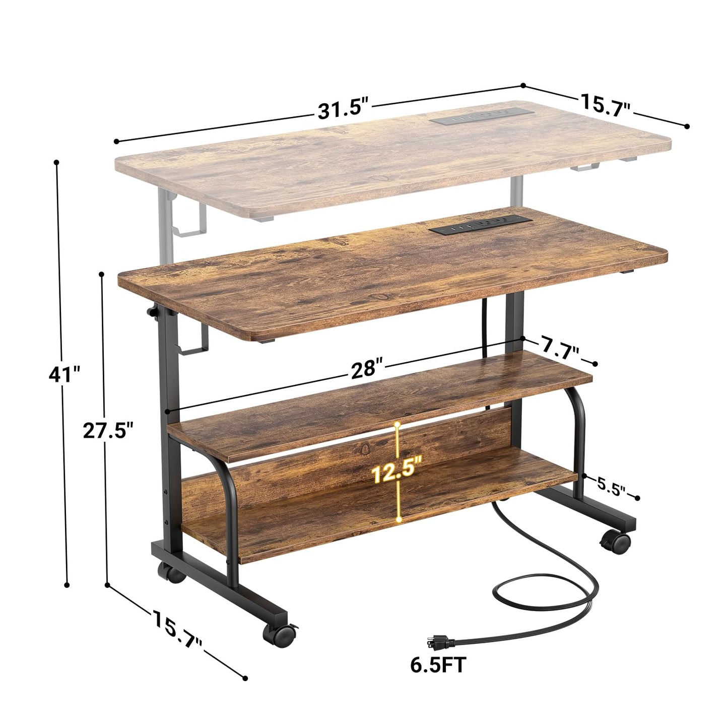 Besiost 32" Height Adjustable Standing Desk with Power Outlets - Manual Rolling Stand Up Desk with Wheels Small Portable Computer Desk Mobile Laptop Table with Storage Shelves for Home Office, Rustic
