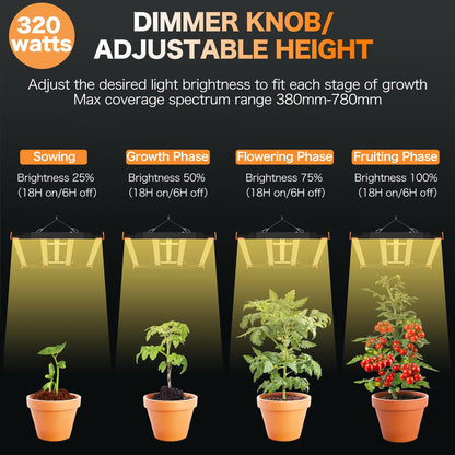 ECOHOM Bar 320W LED Grow Light, Full Spectrum, Dimmable, Daisy Chain, High PPFD, 3x3 Coverage, for Indoor Plants Seed Starting, Vegs and Bloom, Retractable, Pro Lamp for Grow Tent Commercial Use