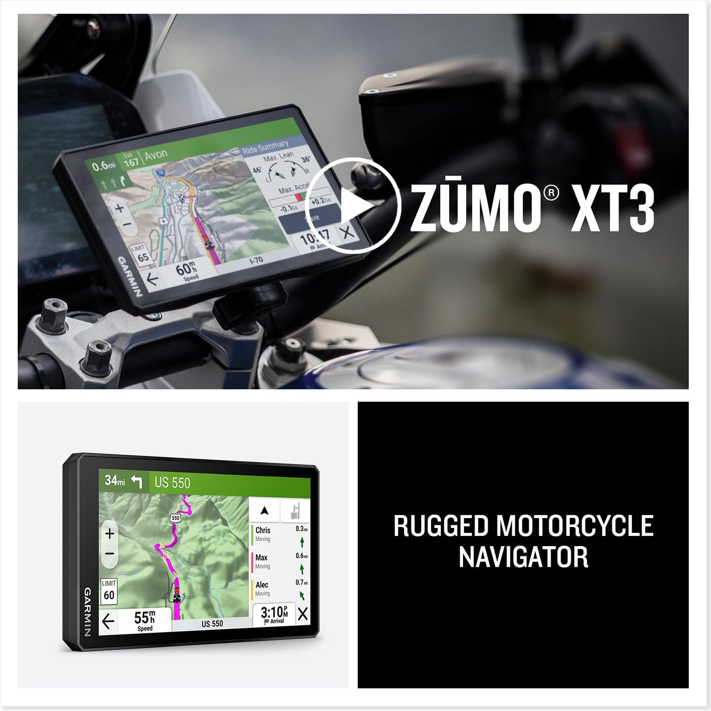 Garmin zūmo® XT3, 6” Rugged Motorcycle GPS, Lean Angles, Custom Route Planning, Adventurous Navigation, Group Rides, Garmin Performance Package Plan Option for Drag Racing Timer and Lap time Review
