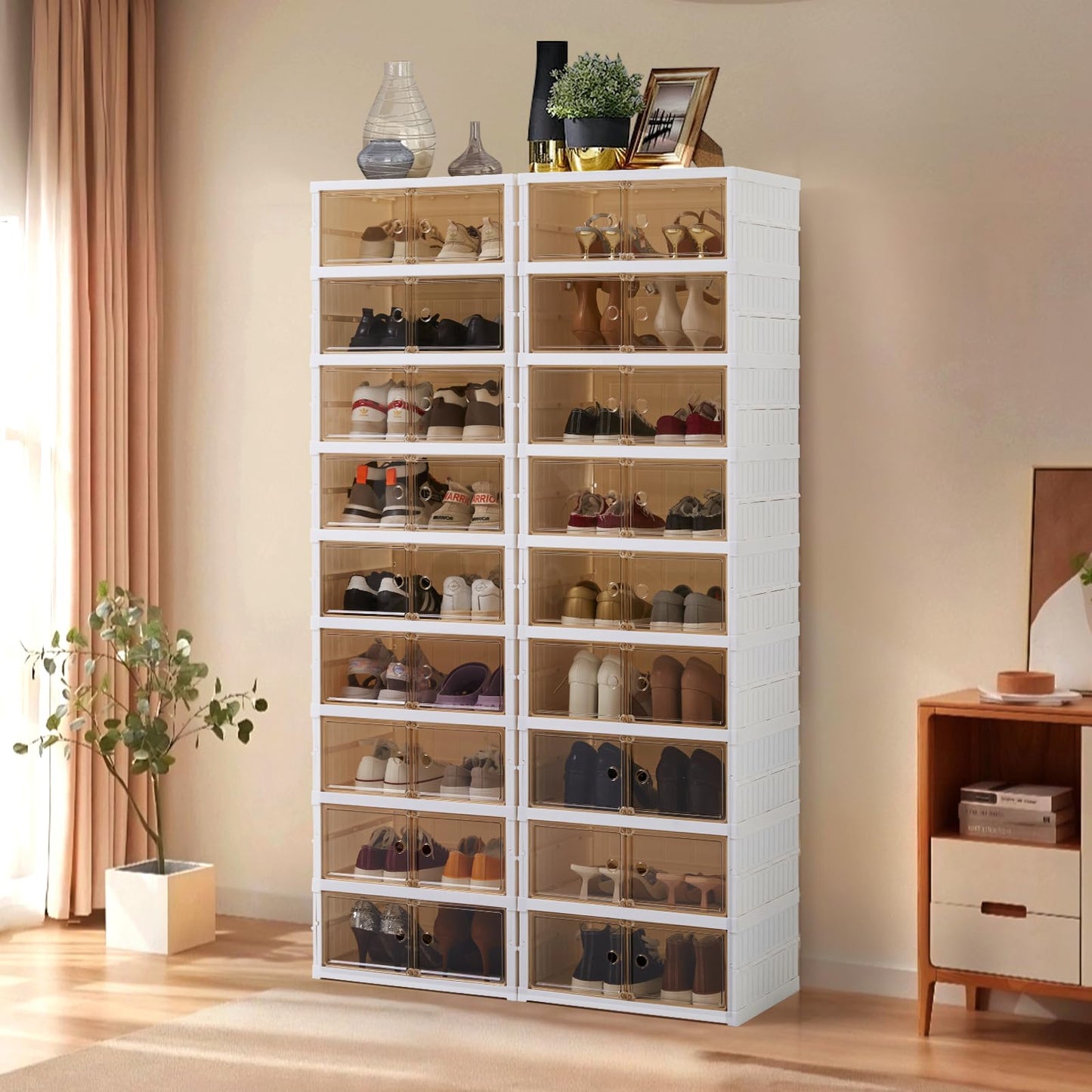 LAFORMO Collapsible Shoe Rack Organizer Foldable Shoe Cabinet with Doors, Large Plastic Folding Shoe Cabinet, Easy Assembly Shoe Shelves Organizer for Entryway (9Tiers,2Groups,36Pairs)
