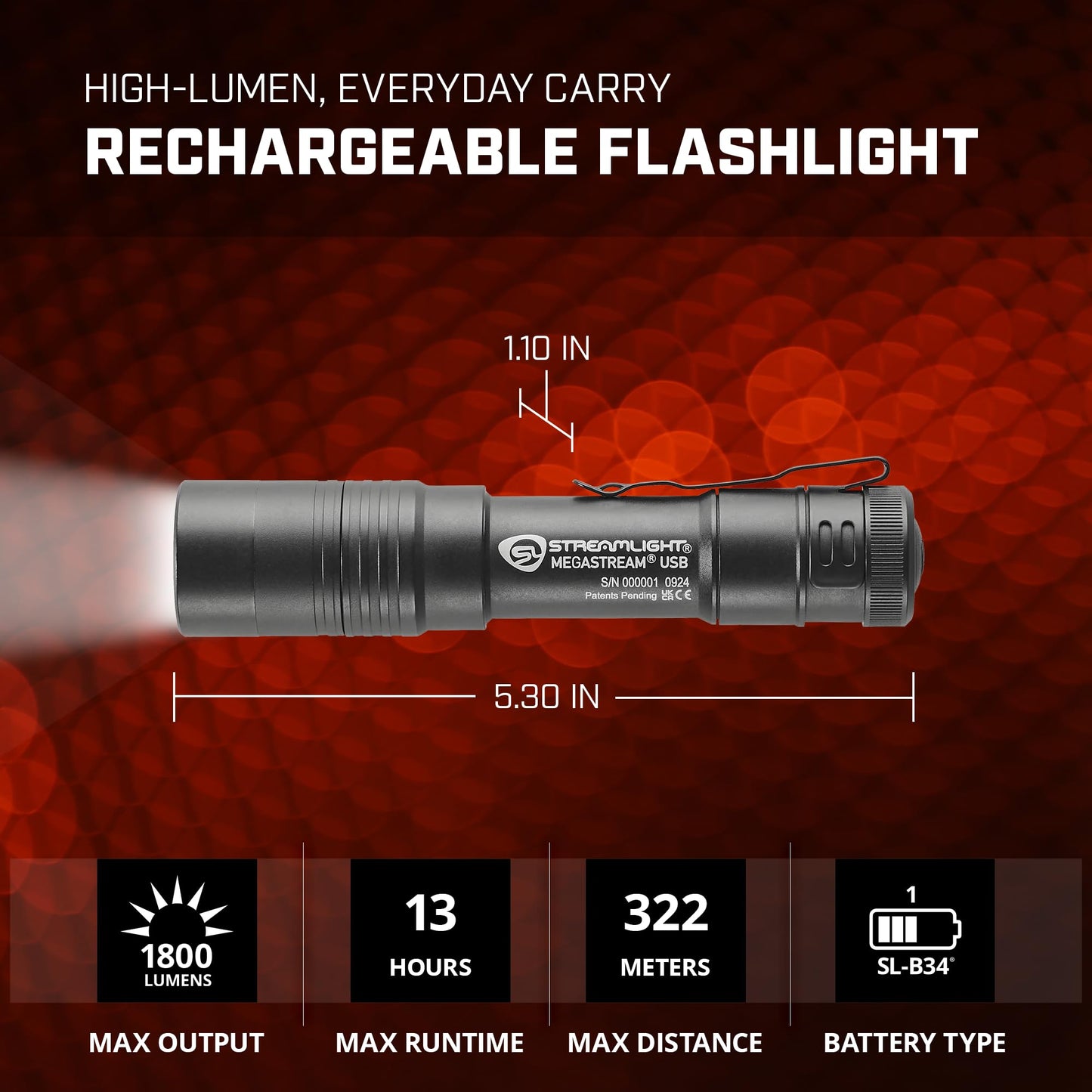 Streamlight 66210 MegaStream USB 1800-Lumen 26000-Candela Rechargeable EDC Flashlight Includes Rechargeable Battery, USB-C Cable, and Holster, Black