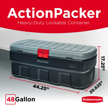 Rubbermaid 48 Gallon Black Action Packer Lockable Latch Indoor and Outdoor Storage Box Container for Home, Garage, Backyard, Single
